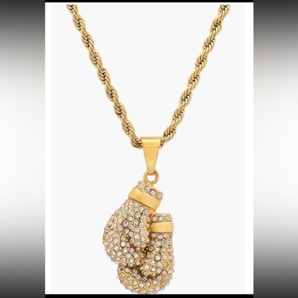 18K Yellow Gold Plated Pave CZ Boxing Gloves Pendant Necklace